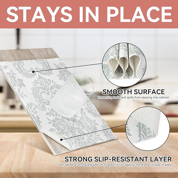RAY STAR Shelf Liner, 12 Inch x 30 Feet Non Adhesive Vintage Sage Green Damask Floral Cabinet Liner for Pantry Drawer Vanity, Strong Grip Non Slip Waterproof, Shelf Liners for Kitchen Cabinets