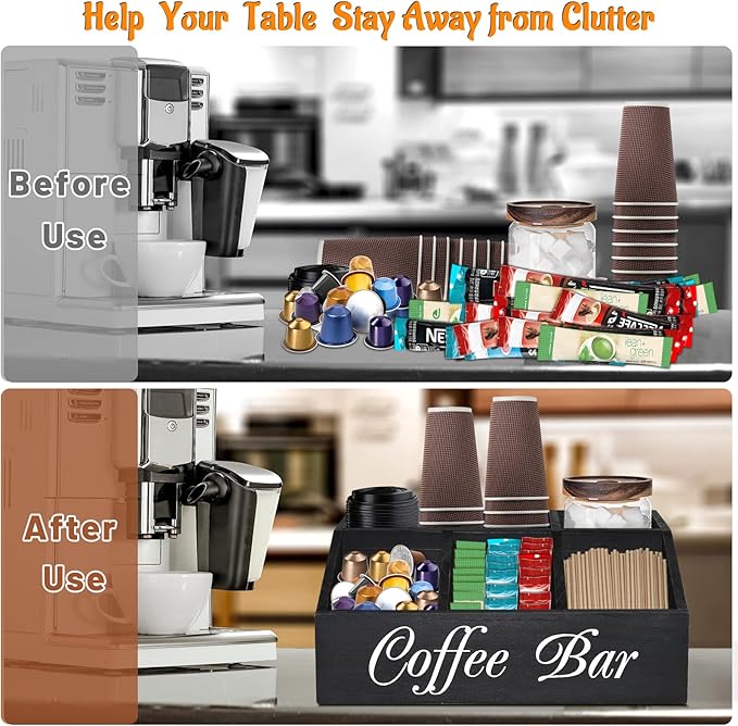 ugiftt Coffee Station Organizer for Counter, Wood Coffee Pods Holder Storage Basket, Tea Condiment Storage Organizer, Rustic Bar Decor for Accessories Organizer