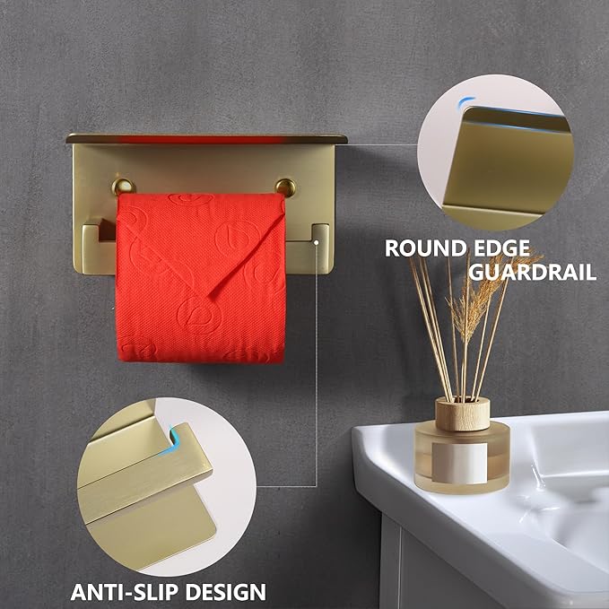LANC Gold Toilet Paper Holder with Shelf, Adhesive or Screw Toilet Paper Roll Holder with Phone Shelf for Bathroom Wall Mounted, Stainless Steel Toilet Tissue Holder Brushed Gold, A8367BG