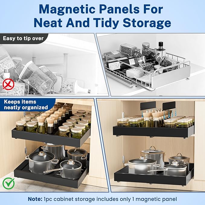 2 Pack Pull Out Cabinet Organizer Expandable Width(12.2"-20.47") & 21"Deep, Insputer Slide Out Drawers for Kitchen, Pantry with Magnetic Panel, Upgrade 3 Slide Rails, No Drill Adhesive Roll Out Shelf