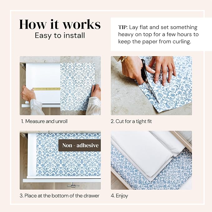 Elodie Essentials Scented Drawer Liner Sheets - 14" x 19.5" (Royal Damask) Pacific Sandalwood Non-Adhesive Paper Liners & Shelf Paper for Dressers, Cabinets & Bathroom Drawers, Birthday Present Idea