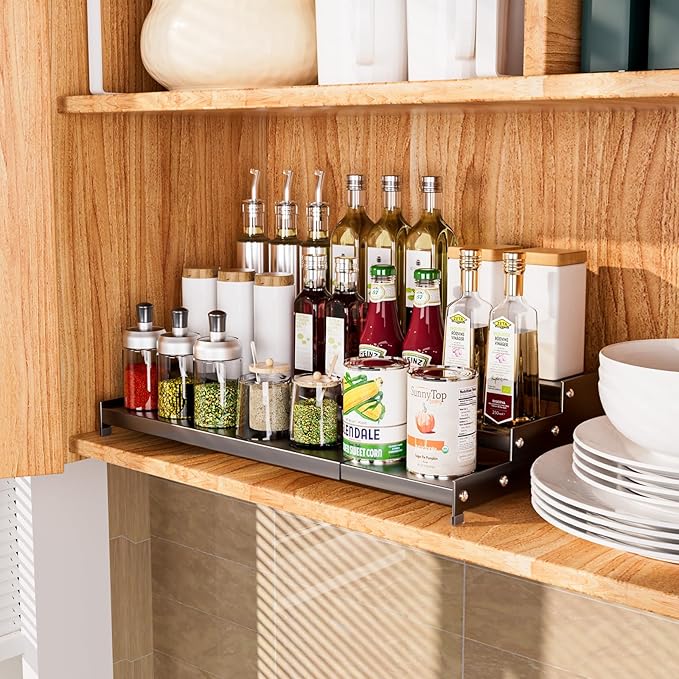 Expandable Carbon Steel Spice Rack Organizer for Pantry, Adjustable 3-Tier Ladder Shelf,Holds Up to 24 Cans,Kitchen Countertop Organizer, Rustproof Storage Rack for Spices, Cans, Sauces & Dry Goods