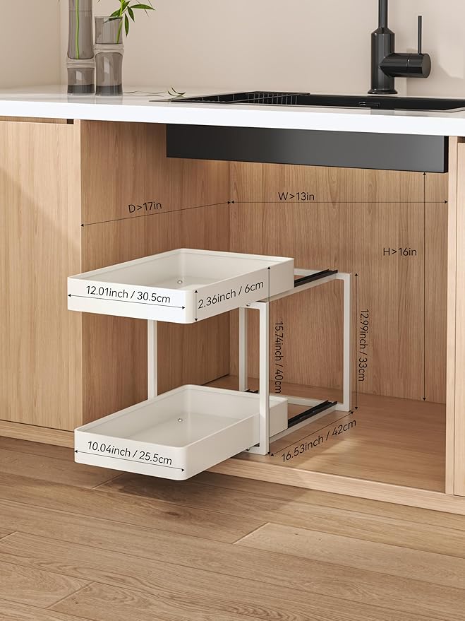 2 Tier Pull Out Cabinet Organizer with Sliding Basket Bathroom Cabinet Organizer, Bathroom Kitchen Multi-Purpose Under Sink Organizer and Storage Cabinet in Metal 1 pack