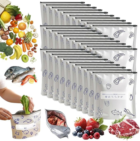 Reusable Aluminum Foil Sealable Storage Bags, 2026 New Resealable Vacuum Zipper Pouches for Food, Thicken Stand Up Foil Freezer Bags with Label & Zip Lock for Vegetable Fruit Meat (L*30)