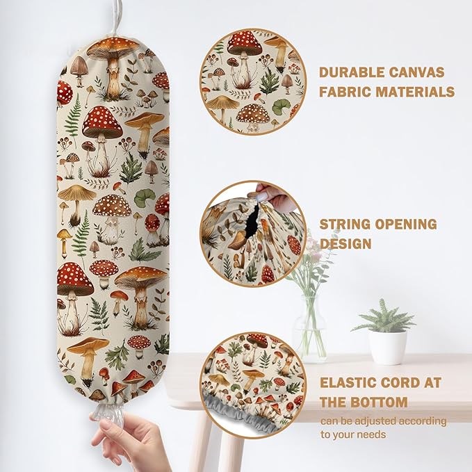 Plastic Bag Holder, Grocery Bag Organizer Storage, Kitchen Dispenser Holders Reusable Shopping with Adjustment Drawstring Closure for Kitchen Farmhouse Decor, Mushroom