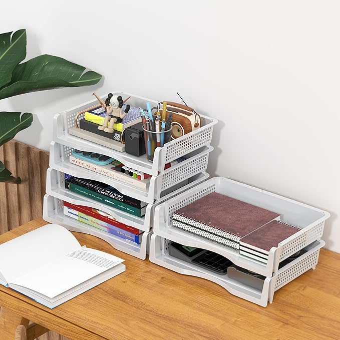 6 Tier Plastic Office Paper Organizer Trays, Stackable Desk Tray for Letter Documents, White