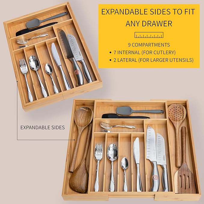 Liviys Cutlery Drawer Organizer for Kitchen Utensils, 13-20 Inches Expandable Bamboo Utensil Tray, Large Wooden Silverware Organizer Insert for Kitchen Drawers