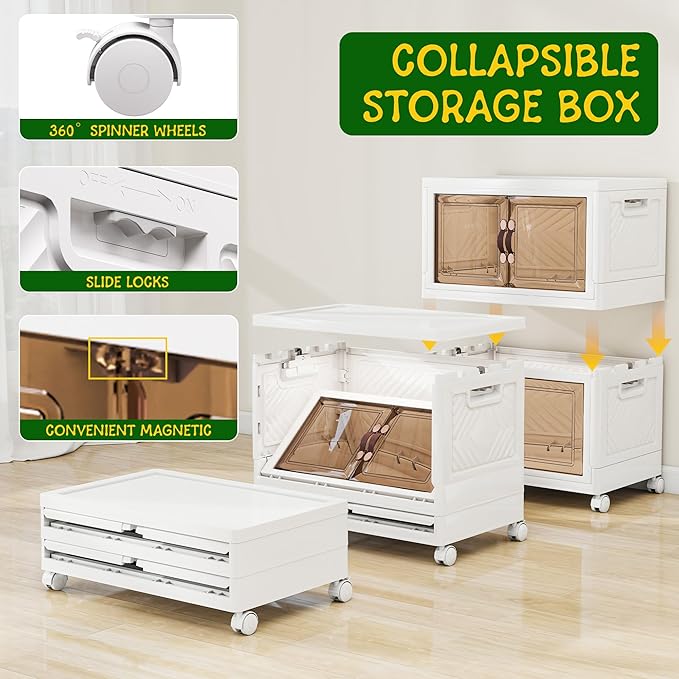 Storage Bins with Lids and Wheels, 314QT-157QT*2Tier Collapsible Bathroom Storage Cabinet with Clear Doors, Plastic Stackable Closet Organizers and Containers White