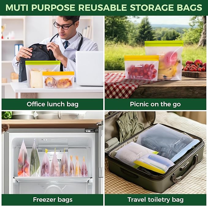 SPLF 10 Pack Stand-Up Reusable Snack Bags Dishwasher Safe, BPA Free Food Storage Bags, Extra Thick Leakproof Freezer Bags Silicone Snack Pouch For Candy, Fruits, Cereal, Home Organization