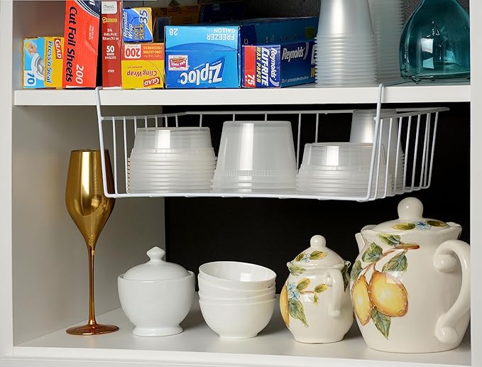 YBM HOME Under Shelf Wire Basket Storage Organizer for Kitchen Pantry - White Hanging Metal Wrap Rack, Easy to Install, (2 Pack, Small) 2221-2