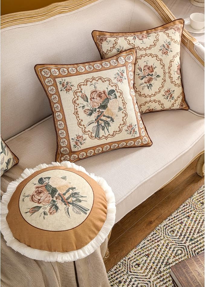 patdrea Designer Vintage Floral Throw Pillow Covers for Couch,Brown Yellow Linen Pillowcases with Bird and Rose Pattern Decorative Square Cushion for Bed Living Room Outdoor Cafe Car,18"x18"