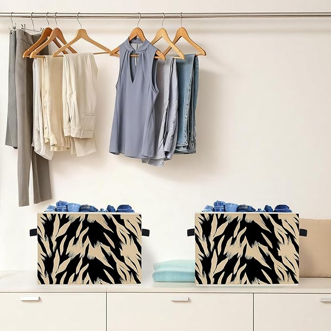 Black and Beige Abstract Storage Box Bins, Boho Modern Abstract Zebra Striped Collapsible Storage Basket Organizer for Bedroom Laundry Room Home Clothes Toys Books, Toybox for Kids