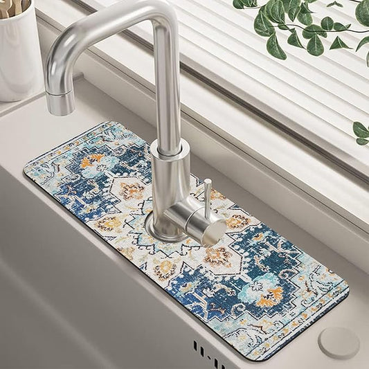 Oriental Blue Turkish Carpet Pattern Sink Faucet Absorbing Mat Sink Splash Guard Faucet Mat Draining Mat Fast Drying Sink Protectors for Kitchen and Bathroom 5.5"×15"
