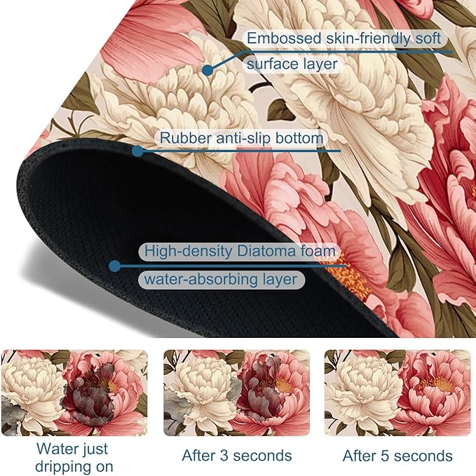 Beautiful Peony Sink Faucet Absorbing Mat Bright Peonies Super Absorbent Fast Drying Mat Sink Gadgets Behind Faucet Sinkmat for Kitchen Bathroom, 23.5"x5.5"