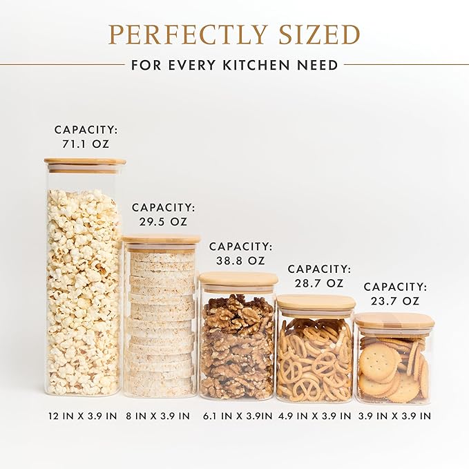 Glass Pantry Storage Containers with Lids- 165 Pantry Labels– Set of 5 various Sizes- Glass Canisters with bamboo lids-Perfect Pasta, Flour food Storage Containers-Airtight-Kitchen Canisters