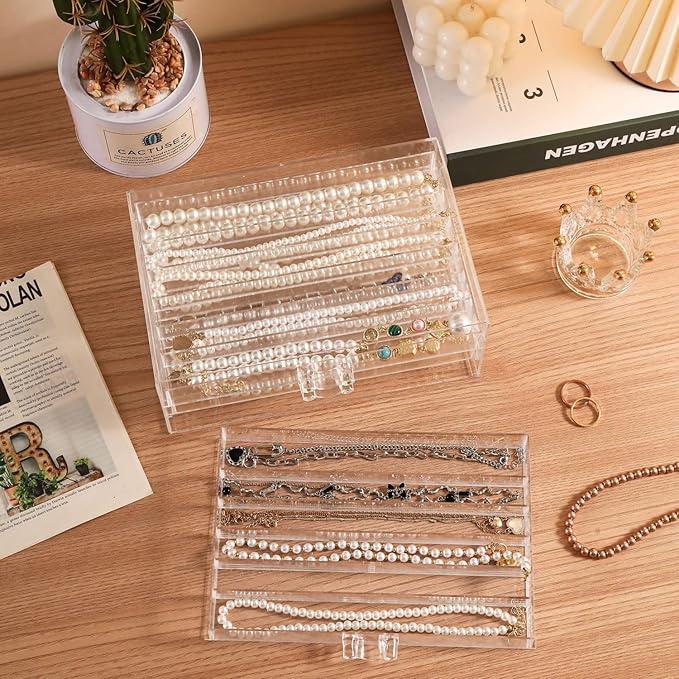 Necklace Organizer Box Tray with 3 Clear Drawers, Dustproof Necklaces Holder Storage Display Case, Necklace Tray Drawer for Pendant Suitable for Women and Girls (Transparent)
