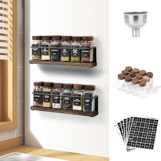 KitHero Wooden Lid Magnetic Spice Rack with 12 Jars, 216 Labels, 1 Steel Funnel for Refrigerator，Microwave Oven - Full Set of Spice Organizer