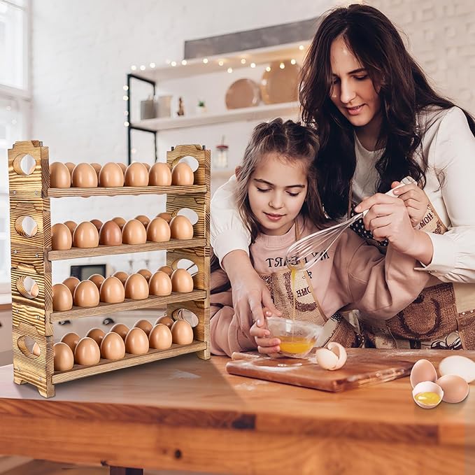 AOOHOOA Wooden Egg Holder with 4 Layers/48-Hole, Stackable Wood Egg Rack Countertop with Handle, Stores Chicken/Duck/Quail/Turkey/Easter Eggs