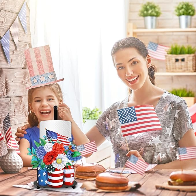 JarThenaAMCS Patriotic Paper Towel Holder American Flag Star Flower Kitchen Decor Accessories 4th of July Large Metal Towel Holder Stand for Independence Memorial Day Home Party Bathroom Countertop