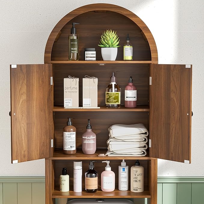 Arched Over The Toilet Storage Cabinet with Fluted Doors, 4 Tier Small Bathroom Shelf Organizer, Mid Century Modern Bathroom Cabinet with Adjustable Shelf, Slim Narrow Arch Toilet Rack, Walnut
