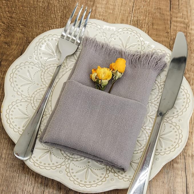 Handmade Cloth Napkins with Fringe,18 x 18 Inches Cotton Linen Napkins Set of 6 Versatile Handmade Square Rustic Fringe Napkins for Dinner, Wedding and Parties, Gray