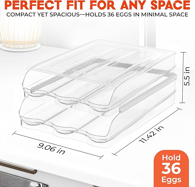 36 Eggs Holder for Fridge - Automatic 2 Tier Egg Organizer for Space-Saving and Fresh Storage - BPA Free