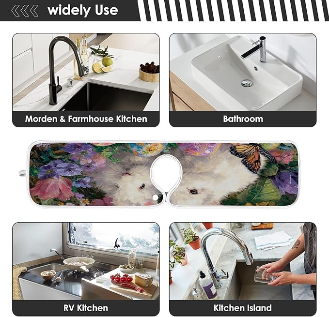 2 PCS Kitchen Sink Splash Guard 14.9 Inch Faucet Mat for Kitchen Sink Bathroom Sink Faucet Absorbing Drip Drain Mat Pad Microfiber Soft Washable Easter Bunny Eggs Flowers Butterfly