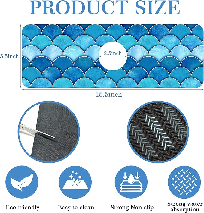 Mermaid Fish Scale Wave Faucet Mat Splash Guard Scale Texture, Soft Diatom Mud Material, Strong Water Absorption, Non-slip,Easy to Clean for Bathroom, Kitchen 15"X5.5"