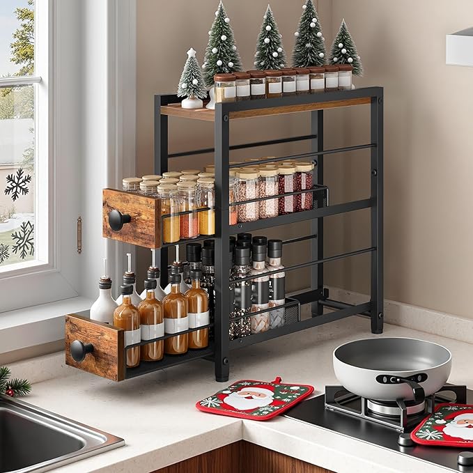 Spice Rack, 3-Tier Pull Out Spice Rack Organizer for Countertop, Narrow Kitchen Countertop Storage Shelf with 2 Drawers, for Kitchen, Cafe, Rustic Brown and Black SR02BR