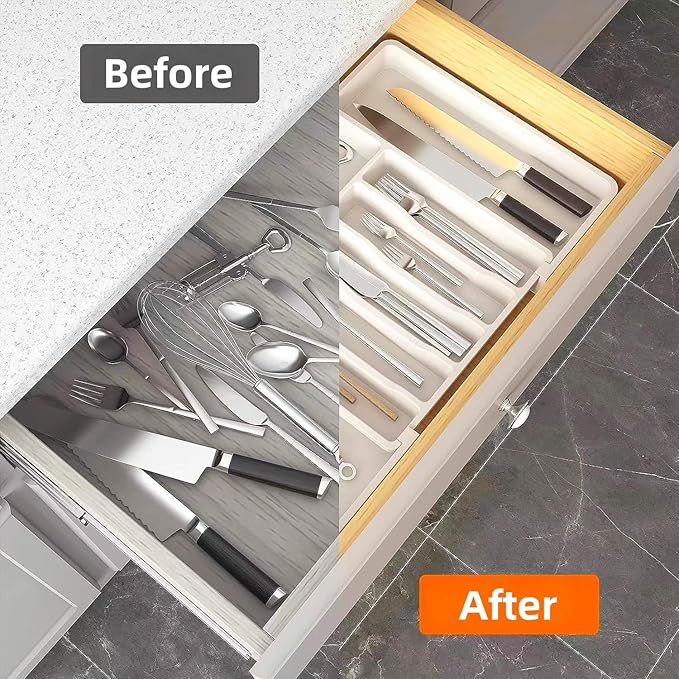 YWHWXB Silverware Drawer Organizer,Expandable Utensil Tray,Large Kitchen Drawer Organizer,Adjustable Plastic Flatware Organizer for Flatware Cutlery Spoon Knives Drawer Storage Organization (White)