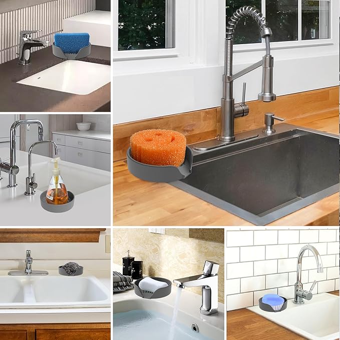 Self Draining Soap Dish, Silicone Soap Holder with Suction Cup and Drain Spout, Kitchen Bathroom Sink Organizer, Dish Soap Bar Tray Savers Sponge Holder, Perfect for Dispenser, Scrubber, Bottle, Cup