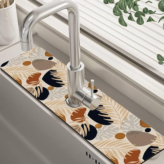 Boho Tropical Leaves Kitchen Sink Splash Guard Mat Absorbent Fast Drying Mat Faucet Draining Mat Sink Splash Guard Behind Faucet Drip Catcher for Kitchen Bathroom 5.5"×24"
