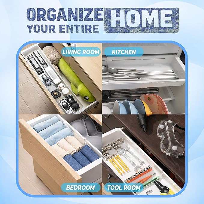 3-Pack Drawer Organizer for Deep Drawers with Smooth Sliding Design, Durable PP Expandable Modular Storage Tray for Makeup, Office Supplies, Kitchen Tools, Vertical Space-Saving Organizer