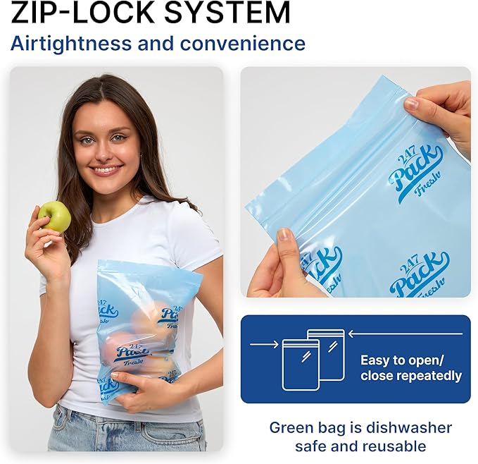 Freshpack 247 Food Bags – Tear-Off Bags on a Roll, Reusable, Ethylene Absorption Helps Keep Food Fresh up to 3× Longer – Biodegradable, BPA-Free, UV-Shielded, SGS Tested (Small)