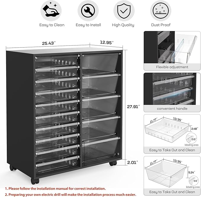 WOPITUES Rolling Cart with Wooden Tabletop, Mobile Storage Cabinet with 15 Clear Drawers, Craft Cabinet with 5 Large Drawers, Printer Stand Home Office, Black Dresser Chest