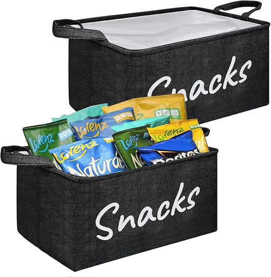 2PCS Snack Bin for Pantry - Snack Storage Basket Organizer for Storing Chips, Cookies, Pretzels, Popcorn and more - Kitchen Organization (Black)
