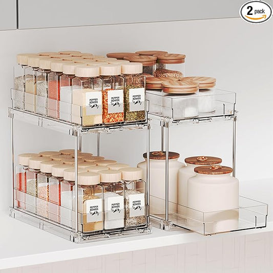 Yieach 2 Pack 2 Tier Vertical Spice Rack Pull Out,10.4'' Deep Narrow Slide Out Spice Rack Organizer for Inside Cabinets,Kitchen,Pantry,Cupboard Seasoning,Can,Jar Organizer and Medicine Cabinet Storage