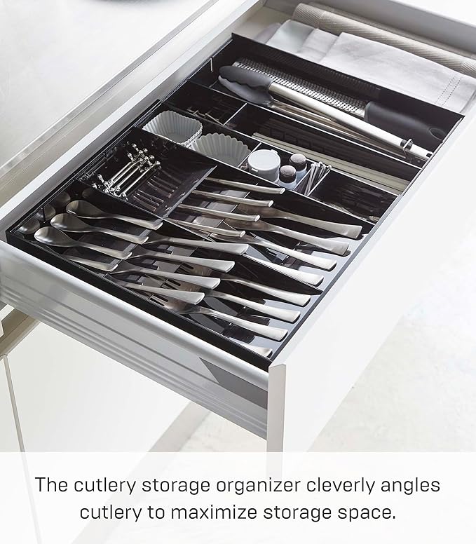YAMAZAKI Home Tower Expandable Cutlery Kitchen Angled Utensils Storage Silverware Organizer Compact Drawer Insert Tray - Abs Plastic