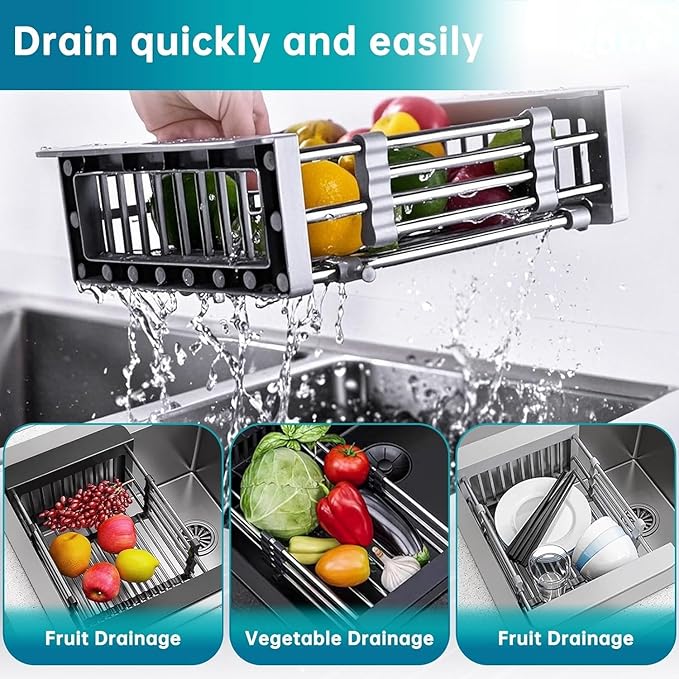Expandable Dish Drying Rack Over The Sink, Stainless Steel Drainer Basket with Adjustable Arms for Dishes, Vegetable and Fruit (Black)
