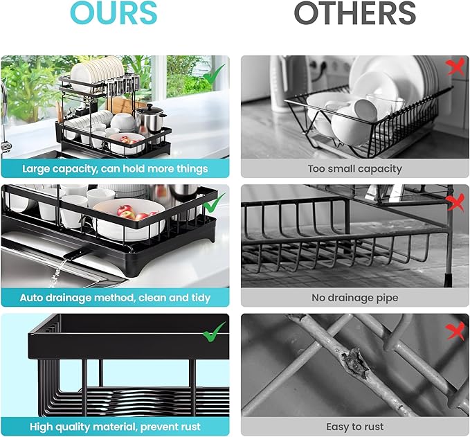 CEASIN 2 Tier Dish Drying Rack, Premium Alloy Steel Dish Drainer for Kitchen Counter, Drainboard & Cup Holder, Anti-Rust & Space Saving, Utensil Holder, Black Dish Drying Rack, 44.5x31.8x11.7