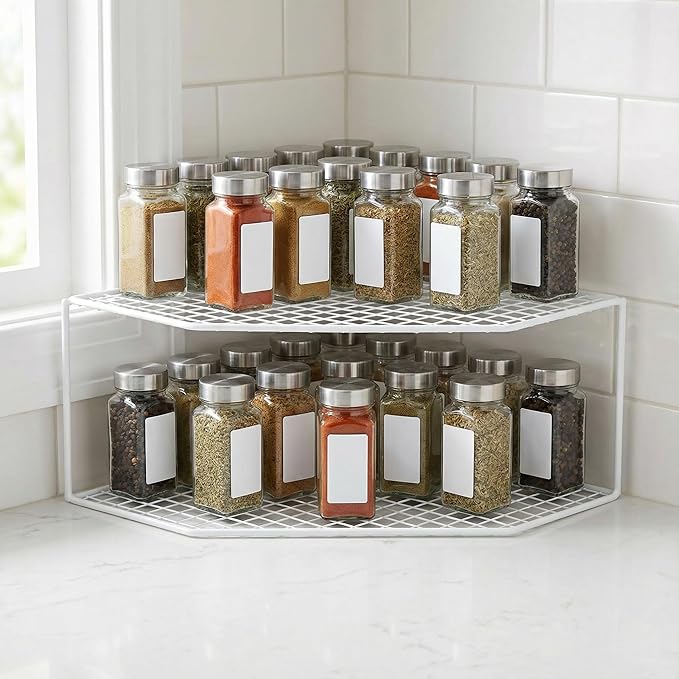 2-Tier Corner Storage Shelf Cabinet Organizer Corner Stand Rack Countertop Shelf Storage for Dishes and Plates Kitchen Cabinet Pantry Cosmetics Makeup Organization 12cm White