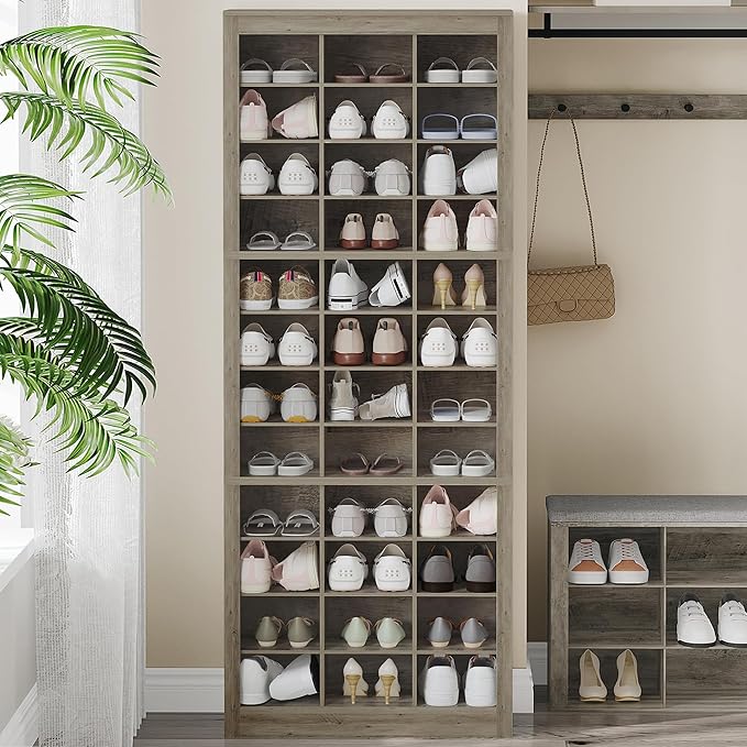 Shoe Storage Cabinet, 36 Pairs Free Standing Closet Organizer, 8.8 inch Widened Cell Wood Shoe Organizer, 12 Tiers Vertical Space Saving Shoe Rack for Entryway, Cloakroom, Greige SR20705B
