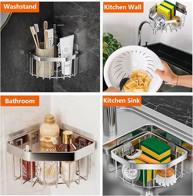 Kitchen Sink Organizer Corner Sponge Holder, Adhesive Stainless Steel Sponge Caddy for Kitchen,Dish Cloth Hanger Sponge Holder Sink Storage Rack for Space-Saving Storage(not for Rounded)