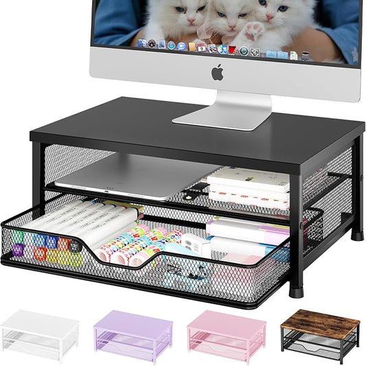 OPNICE Computer Monitor Stand Riser, Desk Organizer with Drawer, Laptop Stand, Office Desk Accessories & Workspace Desktop Organizers Storage for Office Supplies(Black)