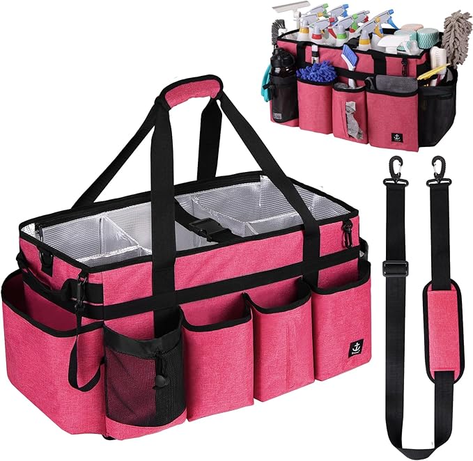 Timoxi Extra large Cleaning Caddy Bag Built-in Sturdy Support Board, Cleaning Organizer with Detachable Divider, Cleaning Supply Tote with Adjustable Shoulder Strap (Pink, 19'' x 11'' x 11'')