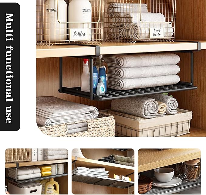 2 Pack Under Shelf Storage Basket,Undershelf Storage Basket,Clip on Basket,Space Saving Organizer for Counter,Bookshelf,Home Storage