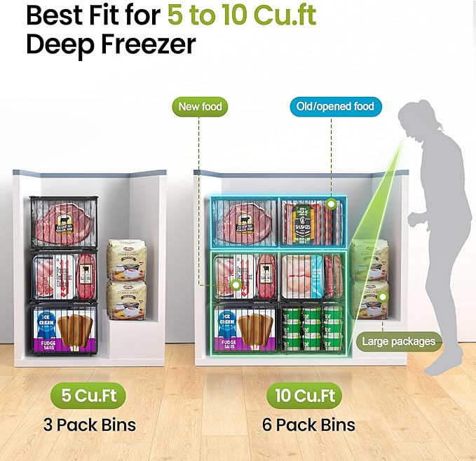 MSERCUOR Freezer Organizer Bins, 3 Pack Big Stackable Deep Chest Freezer Organizer Bins, Foldable Baskets with Handles, Black Storage Container Baskets for 5 to 9 Cu.FT Deep Freezer Sort Frozen Meats
