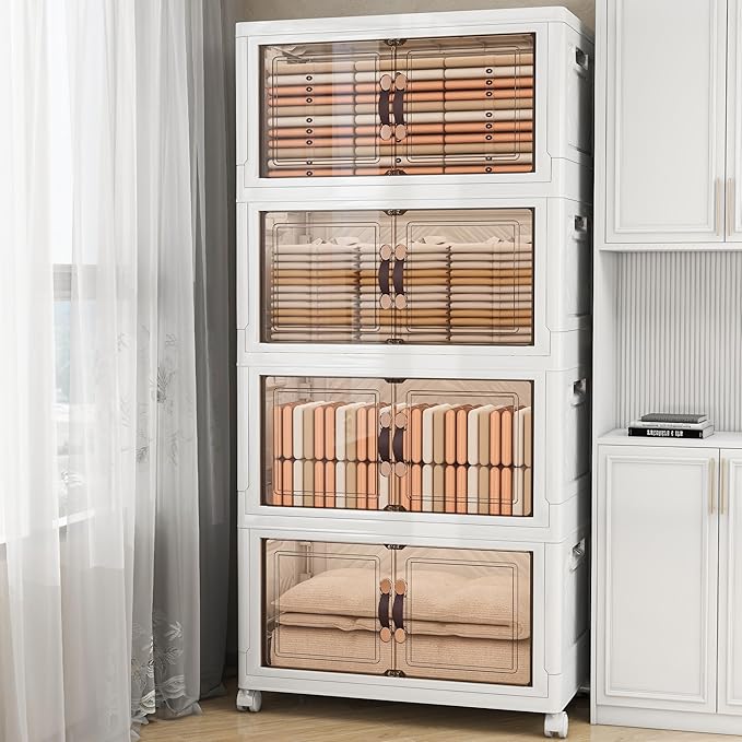 Storage Bins with Lids and Wheels, Collapsible Bathroom Storage Cabinet with Clear Doors, Plastic Stackable Closet Organizers and Containers White 628 QT