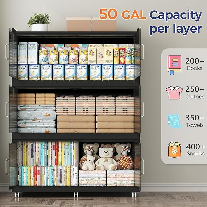 QAVABIN 150GAL Extra Large Storage Bins with Lid, 600QT Collapsible Organizer with Wheels, Stackable Closet Cabinet with Doors, Folding Storage Containers for Home, Office, Kitchen, 3Pack Black