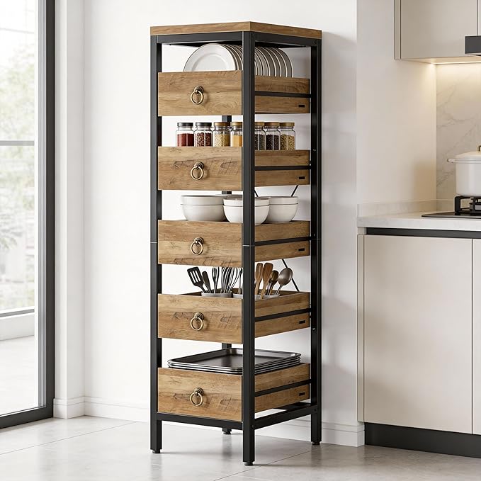 Kitchen Fruit Vegetable Storage Rack, 5-Tier Narrow Snack Fruit Display Stand with 5 Pull-Out Drawers Basket, Utility Organizer Standing Shelf for Kitchen Living Room Bathroom Supermarket, Brown
